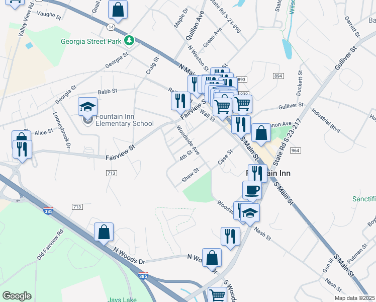 map of restaurants, bars, coffee shops, grocery stores, and more near 104 4th Street in Fountain Inn