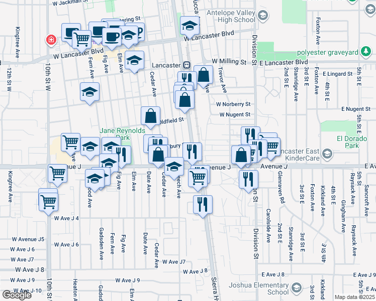 map of restaurants, bars, coffee shops, grocery stores, and more near 44441 Sierra Highway in Lancaster
