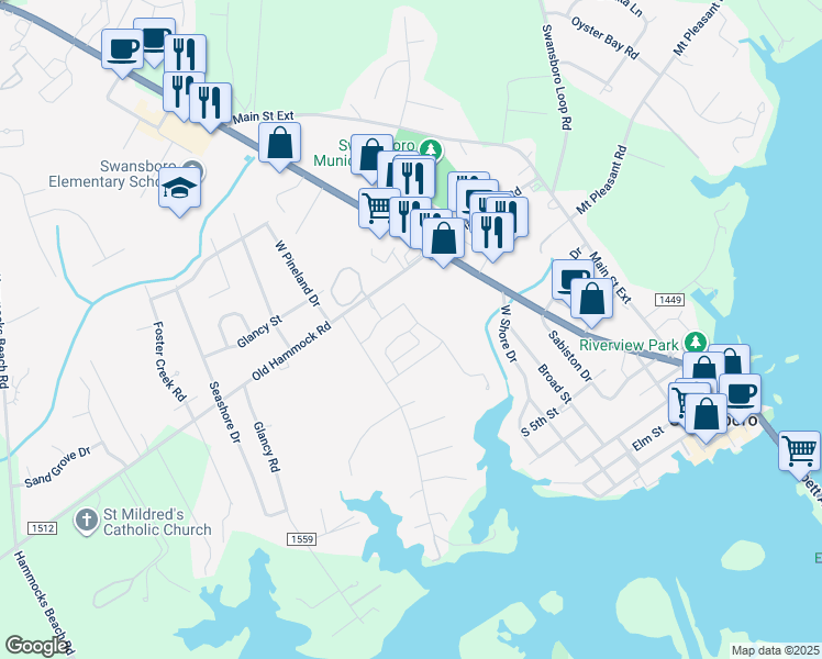 map of restaurants, bars, coffee shops, grocery stores, and more near 203 Villagers Way in Swansboro