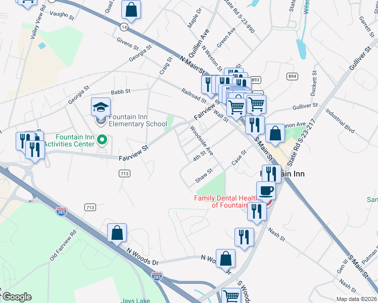 map of restaurants, bars, coffee shops, grocery stores, and more near 114 State Road 286 in Fountain Inn