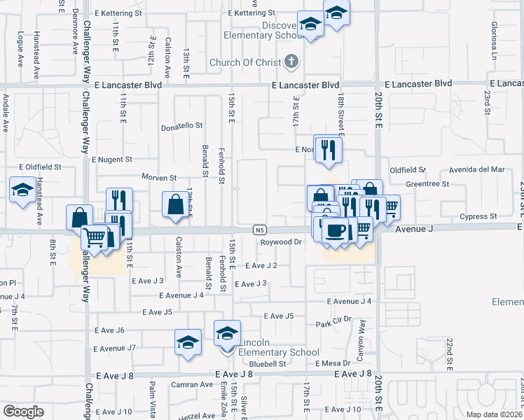 map of restaurants, bars, coffee shops, grocery stores, and more near 44442 15th Street East in Lancaster