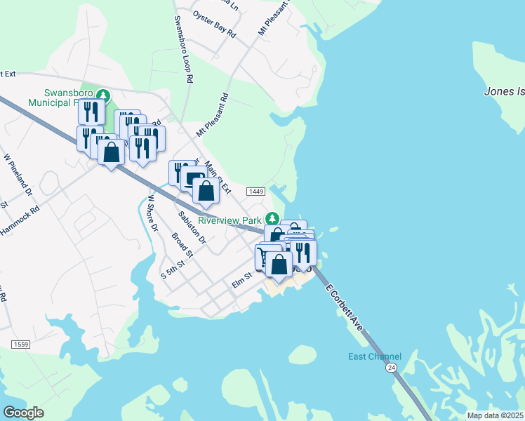 map of restaurants, bars, coffee shops, grocery stores, and more near 208 Harbour View Drive in Swansboro