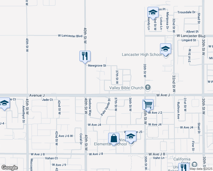 map of restaurants, bars, coffee shops, grocery stores, and more near 44440 Chaparral Drive in Lancaster