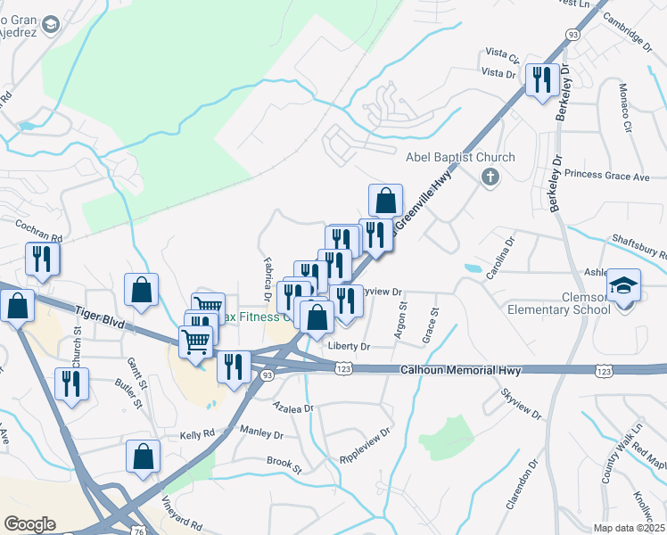 map of restaurants, bars, coffee shops, grocery stores, and more near 501 Old Greenville Highway in Clemson