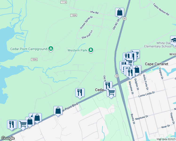 map of restaurants, bars, coffee shops, grocery stores, and more near 100 Marsh Island Drive in Cedar Point