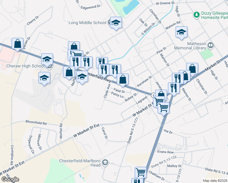 map of restaurants, bars, coffee shops, grocery stores, and more near 116 Patsy Lane in Cheraw