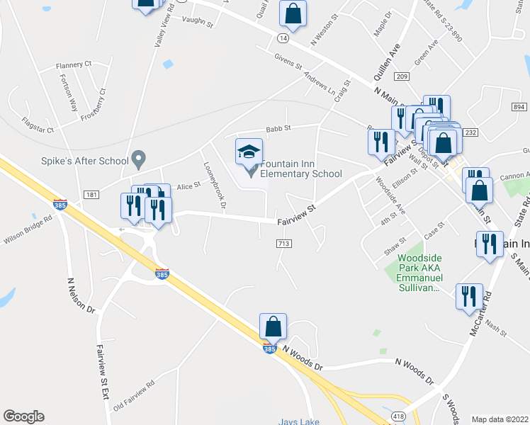 map of restaurants, bars, coffee shops, grocery stores, and more near 516 Fairview Street in Fountain Inn