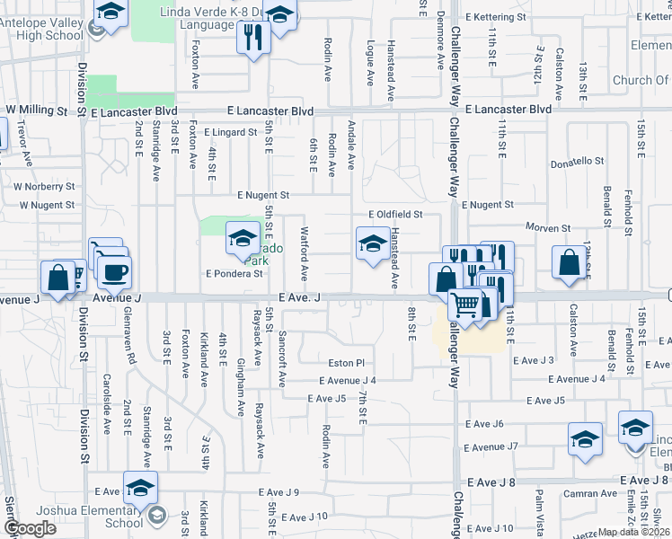 map of restaurants, bars, coffee shops, grocery stores, and more near 621 East Pondera Street in Lancaster