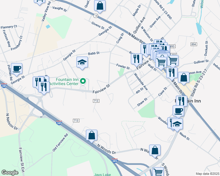 map of restaurants, bars, coffee shops, grocery stores, and more near 425 Fairview Street in Fountain Inn