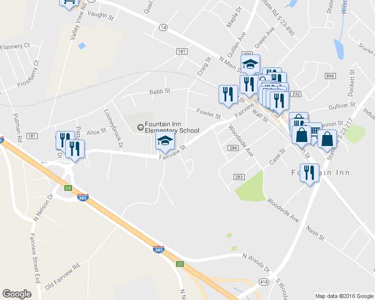 map of restaurants, bars, coffee shops, grocery stores, and more near 425 Fairview Street in Fountain Inn