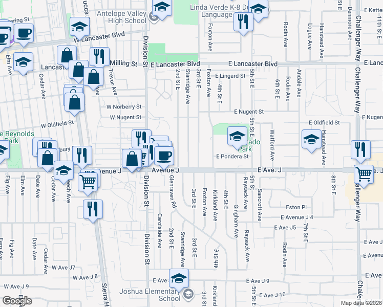 map of restaurants, bars, coffee shops, grocery stores, and more near 44432 Stanridge Avenue in Lancaster