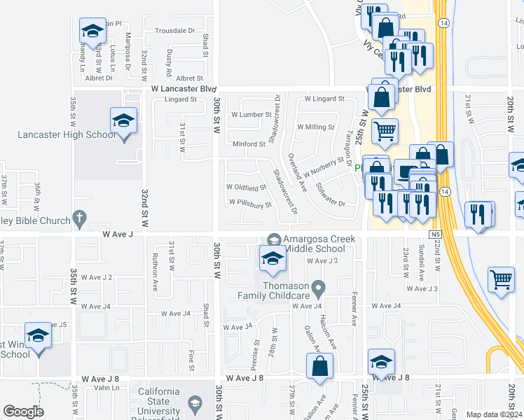 map of restaurants, bars, coffee shops, grocery stores, and more near 2754 West Pillsbury Street in Lancaster