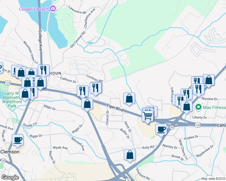 map of restaurants, bars, coffee shops, grocery stores, and more near 110 Fruster Street in Clemson