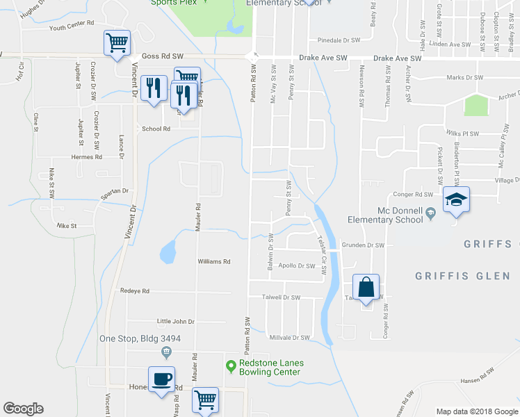 map of restaurants, bars, coffee shops, grocery stores, and more near 4204 Balwin Circle Southwest in Huntsville