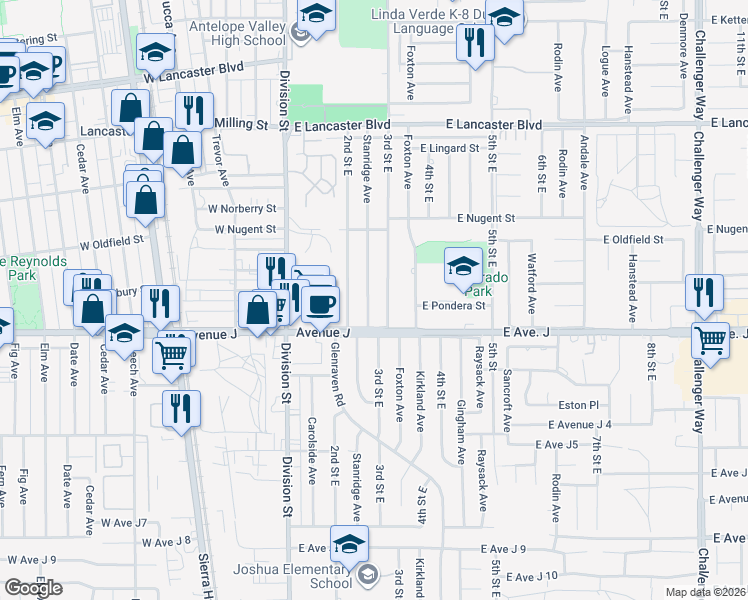 map of restaurants, bars, coffee shops, grocery stores, and more near 44432 Stanridge Avenue in Lancaster