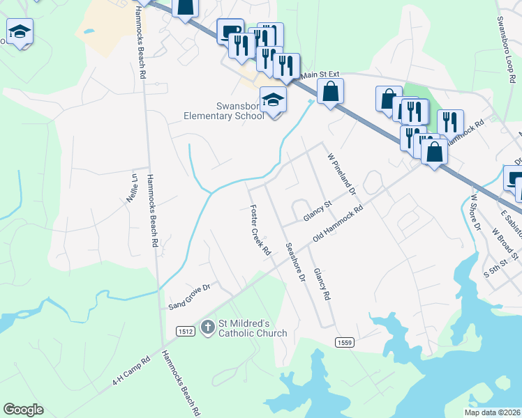 map of restaurants, bars, coffee shops, grocery stores, and more near 324 Foster Creek Road in Swansboro