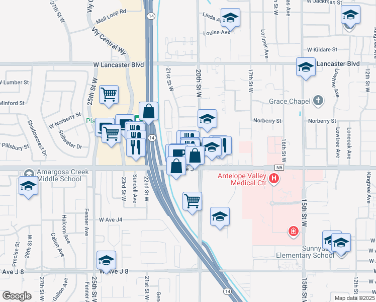 map of restaurants, bars, coffee shops, grocery stores, and more near 44451 20th Street West in Lancaster