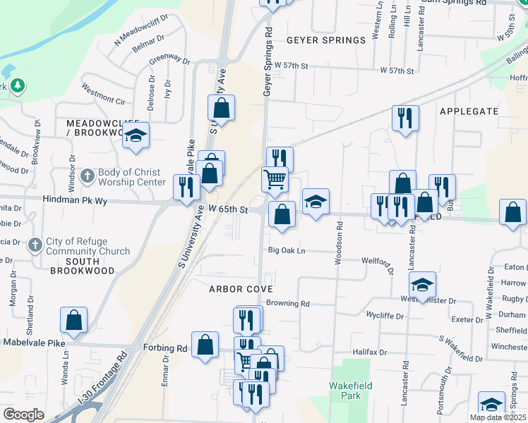 map of restaurants, bars, coffee shops, grocery stores, and more near Geyer Springs Rd & W 65th St in Little Rock