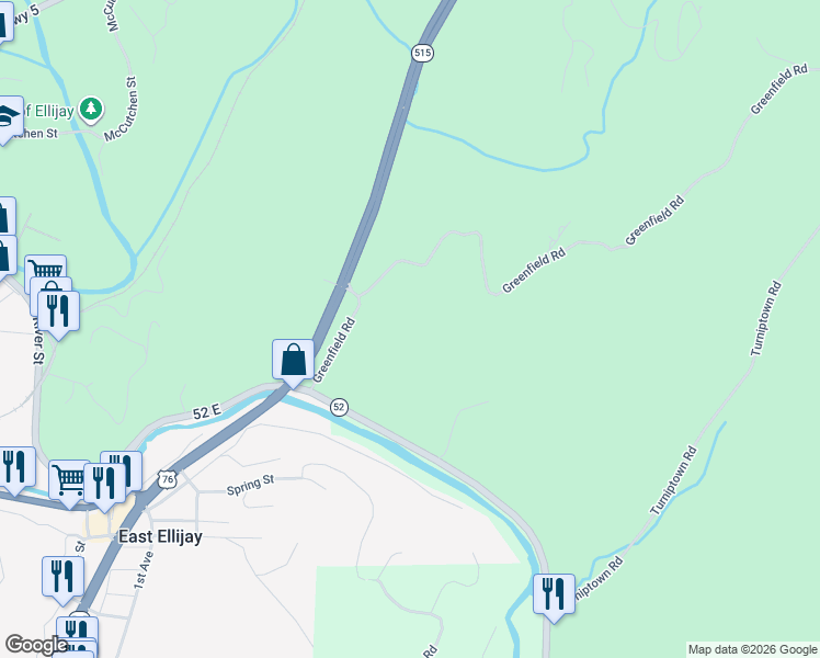 map of restaurants, bars, coffee shops, grocery stores, and more near 603 Greenfield Road in Ellijay