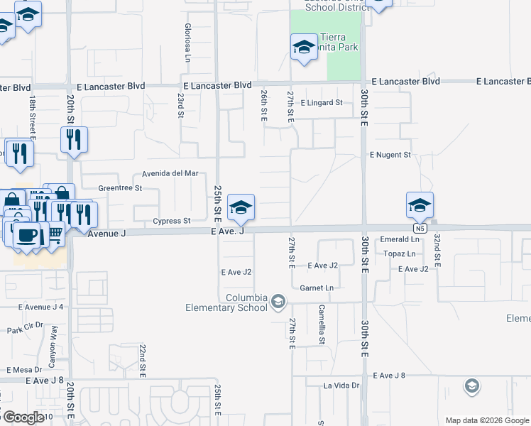 map of restaurants, bars, coffee shops, grocery stores, and more near 2619 Vía Romana in Lancaster