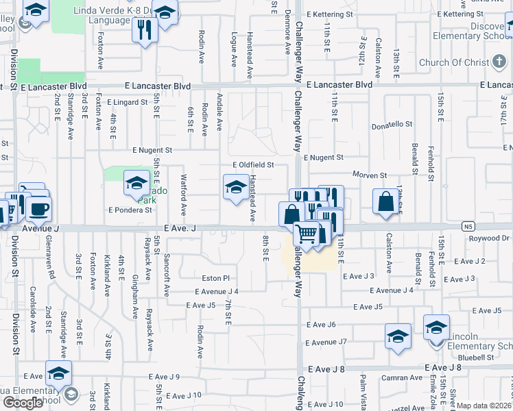 map of restaurants, bars, coffee shops, grocery stores, and more near 44440 Hanstead Avenue in Lancaster