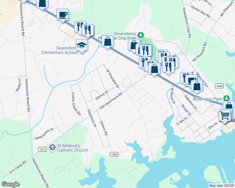map of restaurants, bars, coffee shops, grocery stores, and more near 304 Hammock Road in Swansboro