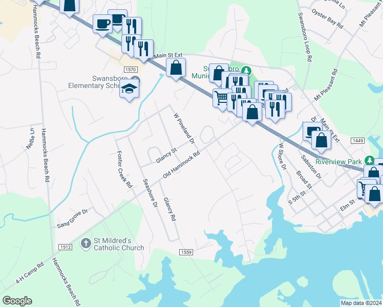 map of restaurants, bars, coffee shops, grocery stores, and more near 304 Old Hammock Road in Swansboro