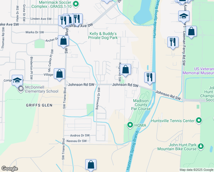 map of restaurants, bars, coffee shops, grocery stores, and more near 3001 Johnson Road Southwest in Huntsville