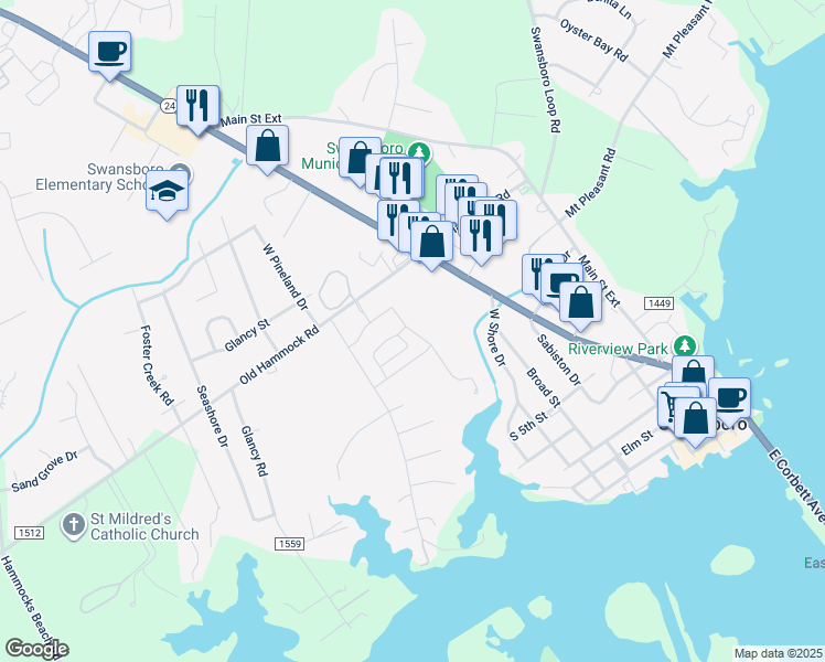 map of restaurants, bars, coffee shops, grocery stores, and more near 206 Ward Road in Swansboro