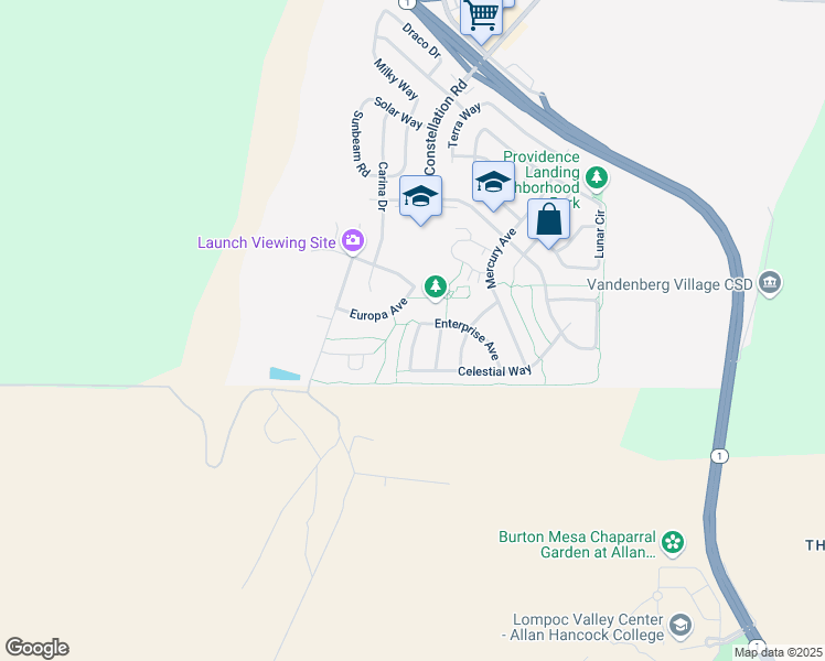 map of restaurants, bars, coffee shops, grocery stores, and more near 725 Pluto Avenue in Lompoc