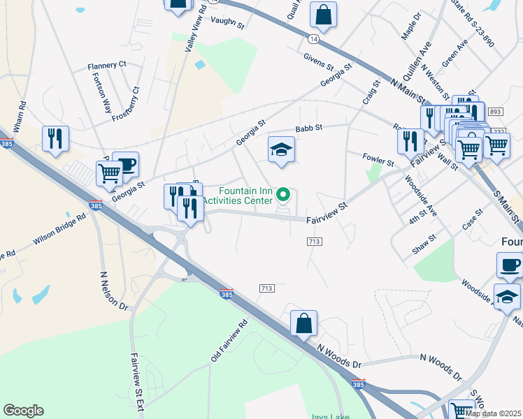 map of restaurants, bars, coffee shops, grocery stores, and more near 612 Fairview Street in Fountain Inn