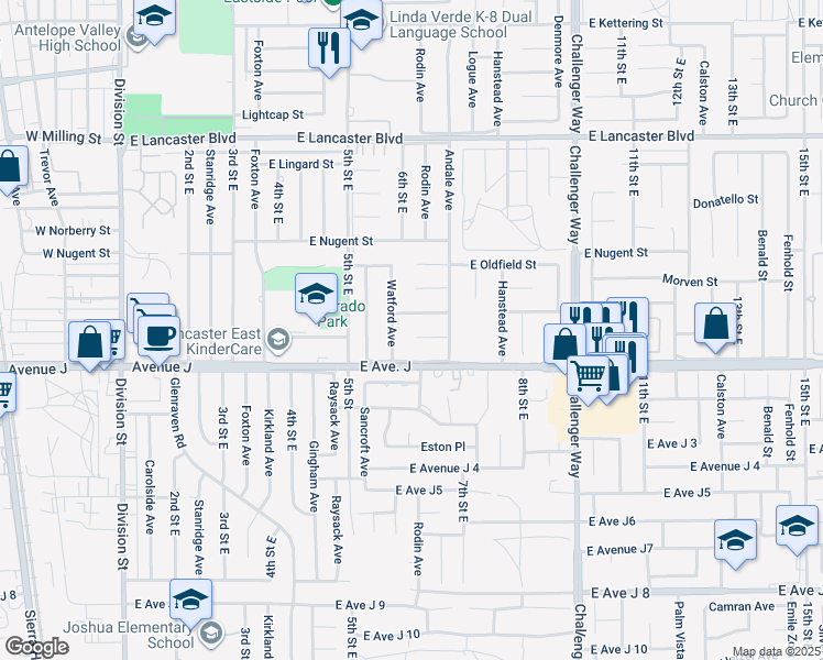 map of restaurants, bars, coffee shops, grocery stores, and more near 607 East Pondera Street in Lancaster