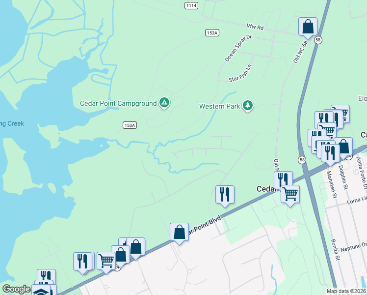 map of restaurants, bars, coffee shops, grocery stores, and more near 404 Marsh Island Drive in Swansboro