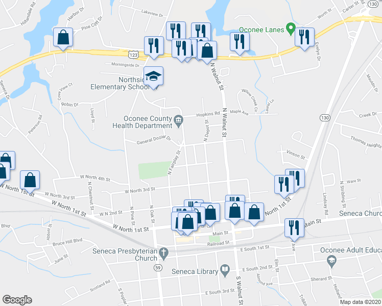 map of restaurants, bars, coffee shops, grocery stores, and more near 510 North Townville Street in Seneca
