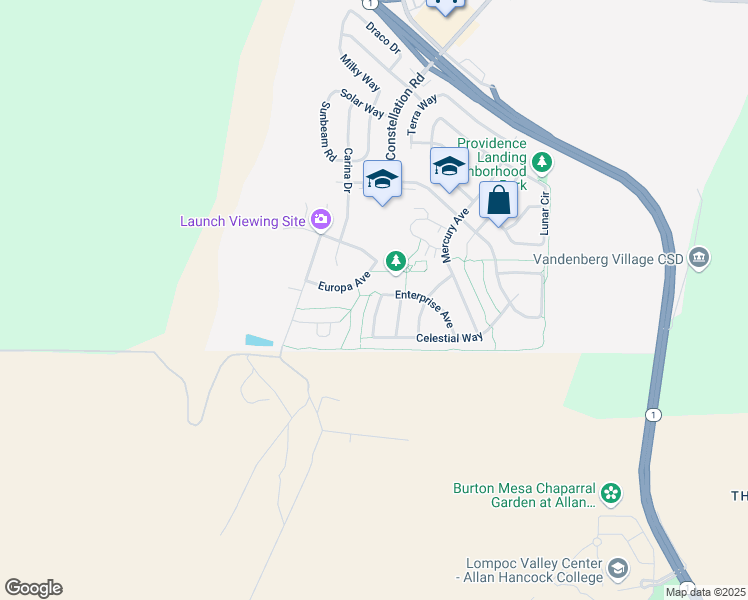 map of restaurants, bars, coffee shops, grocery stores, and more near 725 Pluto Avenue in Lompoc