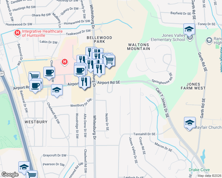 map of restaurants, bars, coffee shops, grocery stores, and more near 5044 Chancel Drive Southeast in Huntsville