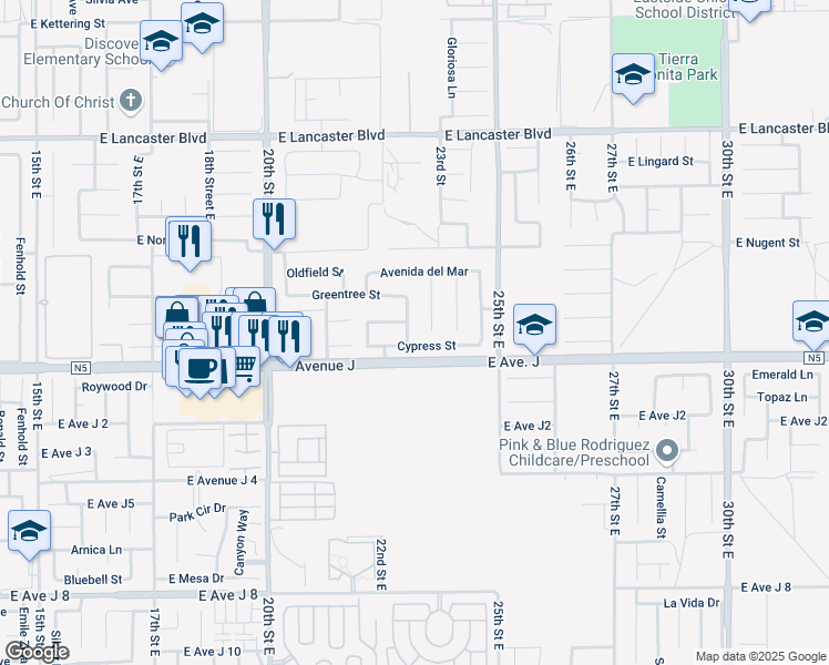 map of restaurants, bars, coffee shops, grocery stores, and more near 2239 Cypress Street in Lancaster