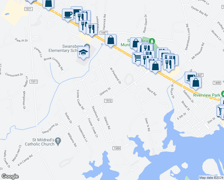 map of restaurants, bars, coffee shops, grocery stores, and more near 710 Phillips Drive in Swansboro