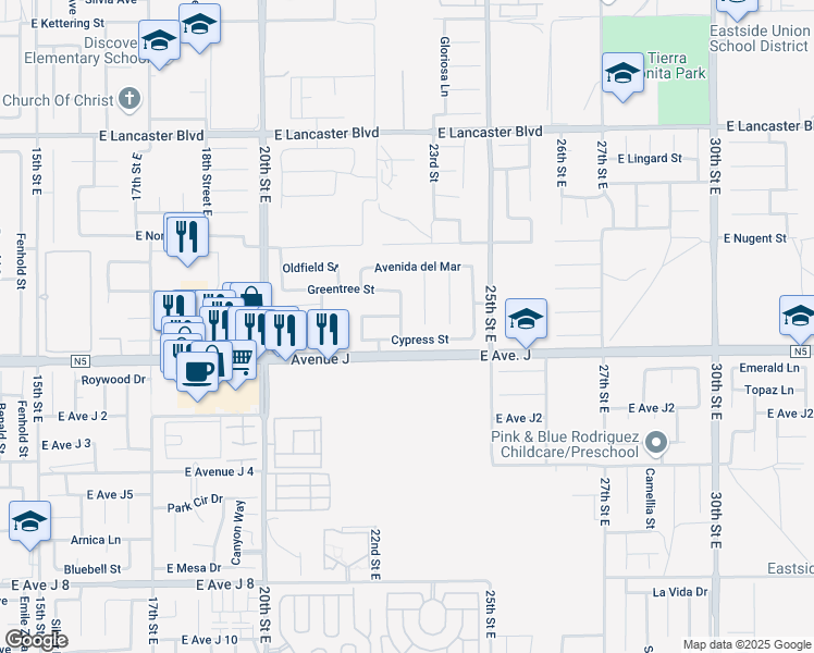 map of restaurants, bars, coffee shops, grocery stores, and more near 44430 Ponderosa Street in Lancaster