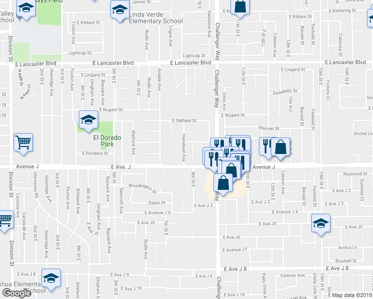 map of restaurants, bars, coffee shops, grocery stores, and more near 44440 Hanstead Avenue in Lancaster
