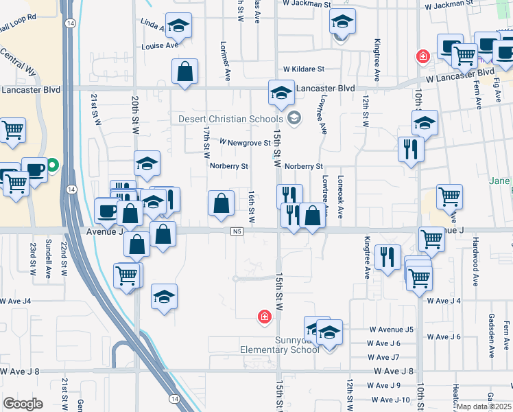 map of restaurants, bars, coffee shops, grocery stores, and more near 44444 16th Street West in Lancaster