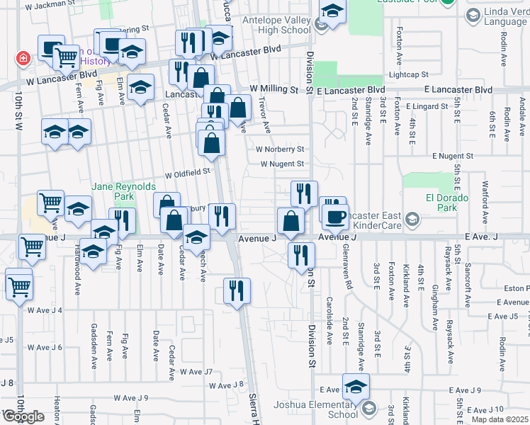 map of restaurants, bars, coffee shops, grocery stores, and more near 227 West Pondera Street in Lancaster