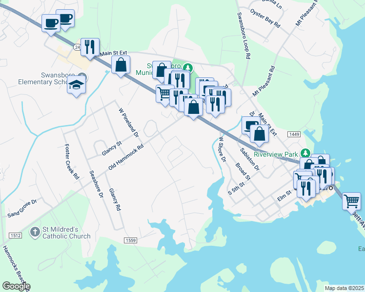 map of restaurants, bars, coffee shops, grocery stores, and more near 206 Ward Road in Swansboro