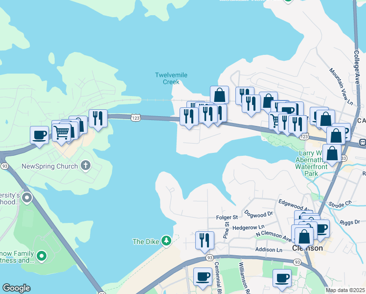 map of restaurants, bars, coffee shops, grocery stores, and more near 106 Holiday Avenue West in Clemson