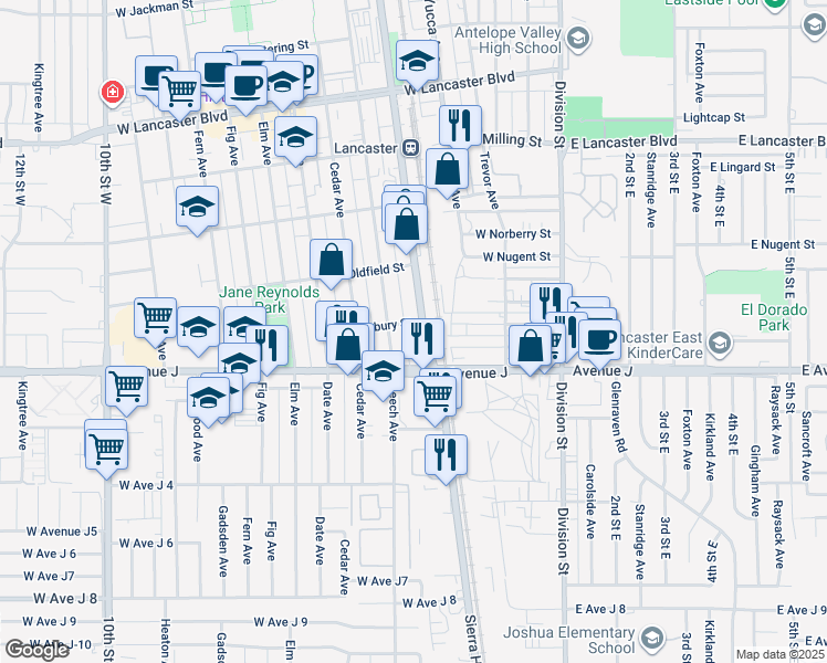 map of restaurants, bars, coffee shops, grocery stores, and more near 44441 Sierra Highway in Lancaster