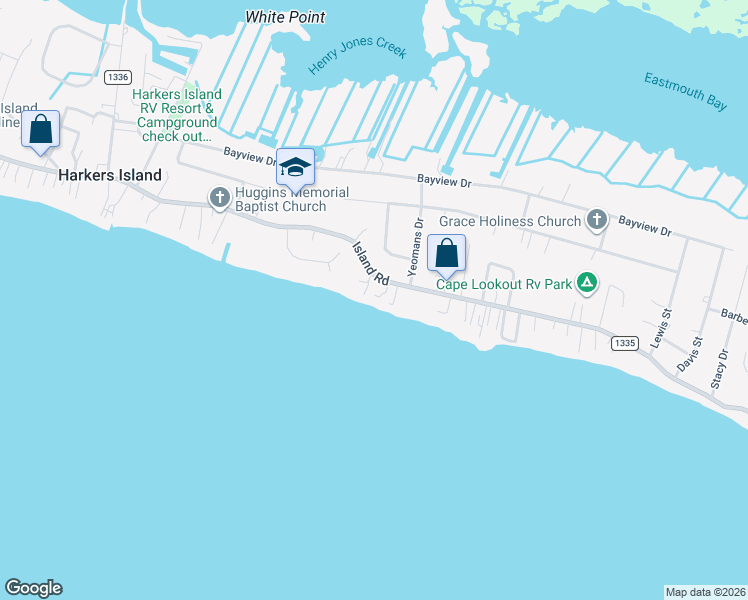map of restaurants, bars, coffee shops, grocery stores, and more near 1284 Island Road in Harkers Island