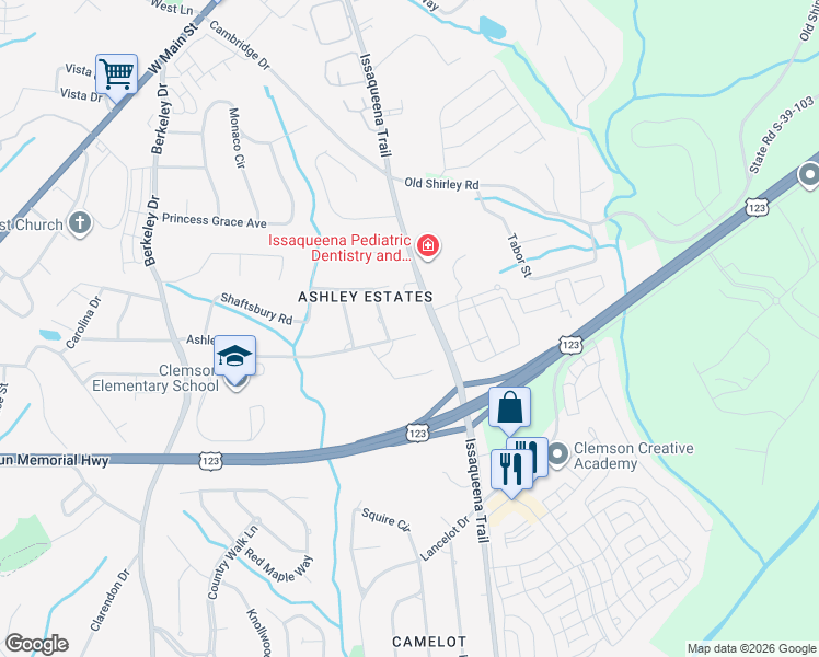 map of restaurants, bars, coffee shops, grocery stores, and more near 201 Ashley Road in Clemson