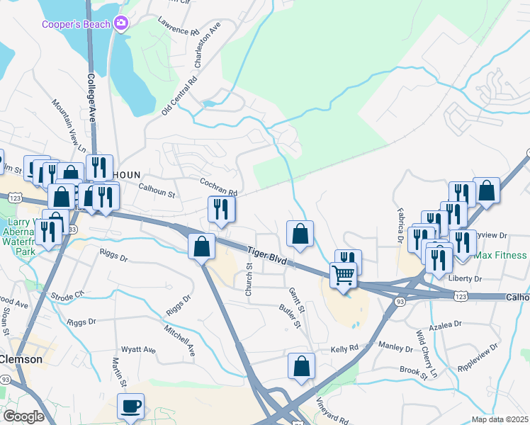 map of restaurants, bars, coffee shops, grocery stores, and more near 110 Fruster Street in Clemson