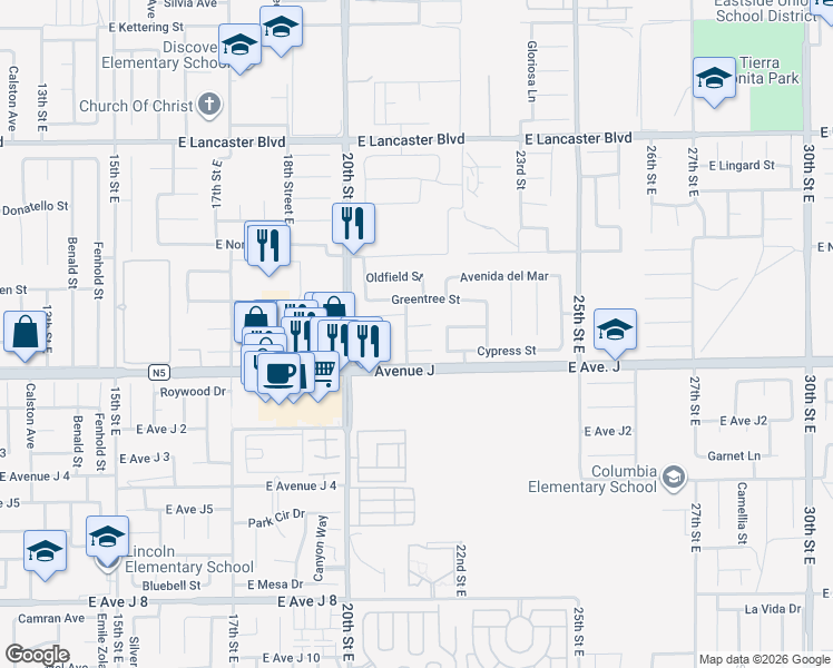 map of restaurants, bars, coffee shops, grocery stores, and more near 2113 Cypress Street in Lancaster