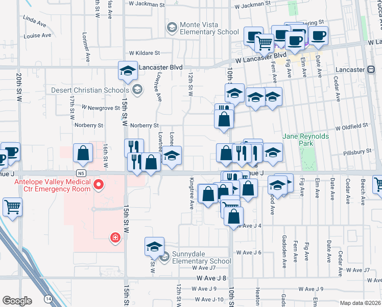 map of restaurants, bars, coffee shops, grocery stores, and more near 1135 Pillsbury Street in Lancaster